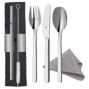 WMF my2Go, Otel inoxidabil, Set tacamuri 8 piese, Set tacamuri de calatorie in aer liber 1 persoana, Tacamuri de camping cu carcasa, Tacamuri de drumetie ecologice, paie, perie de curatare, accesorii de camping cadou
