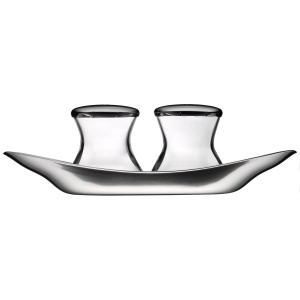 WMF Wagenfeld Shaker Set 3 bucati, Max si Moritz, shaker cu farfurie, piper cu sare, sticla, otel inoxidabil Cromargan mat, poate fi spalat in masina de spalat vase