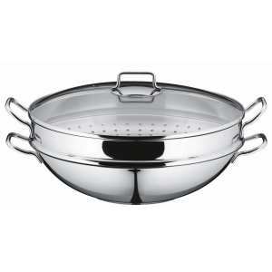 Wok WMF Macao 36 cm, Cromargan inox, 4.5L, cu capac din sticla
