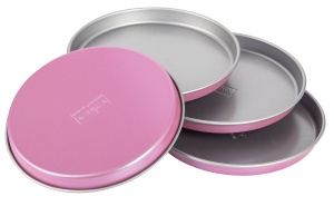Zenker creative studio Set de tavi pentru tort in straturi, tavi de copt rotunde, tavi de copt cu acoperire antiaderenta, tava de tort: O180mmx18mm, coacere creativa (culoare: roz, argintiu), cantitate: 4 bucati - Img 1