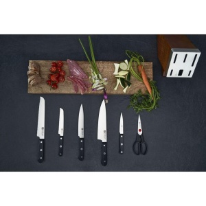 ZWILLING Gourmet Bloc de cutite autoascutit, 7 bucati, cutit si foarfece din maner din otel inoxidabil/plastic, bloc de lemn, cenusa maro [Fabricat in Germania] - Img 4