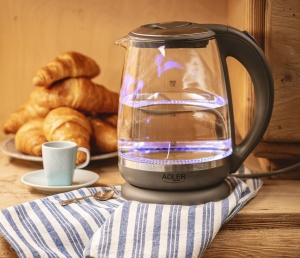 Adler AD 1286 Ceainic din sticla si plastic, 2L, 2000 W, iluminare LED, ceainic din sticla pentru ceai, filtru de calcar, oprire automata, incalzitor de imersie din otel inoxidabil, gri Transparent/Gri - Img 6