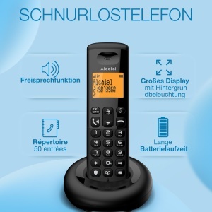 ALCATEL E260 - Telefon DECT fara fir - Design compact - Ecran mare iluminat din spate - Hands-free - Functie de blocare a apelurilor nedorite - Negru - Img 3