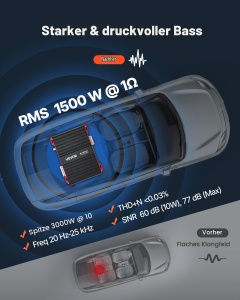 Amplificator auto VEVOR BP-1500.1D, 1500 W RMS, 124 Ohm, cu control de bass - Img 2