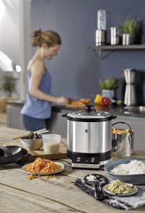 Aparat de orez WMF Kuchenminis 220 W, cu cutie de pranz la pachet, aragaz cu abur, economie de spatiu, oala interioara cu capac de luat 1l, aragaz de orez mini cromargan mat - Img 6