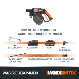 Aparat de spalat cu presiune fara fir WORX WG633E Hydroshot 20V - presiune maxima de 56 bar - multifunctional pentru curatare si udare - motor puterni - Img 8