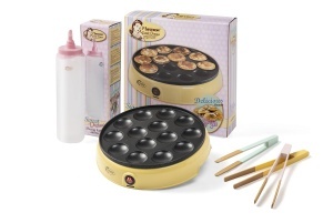 Aparat pentru mini clatite Bestron APFM700SD 800W cu sticla dozatoare si clesti din lemn galbenroz