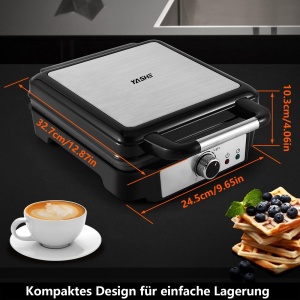 Aparat pentru vafe belgiene YASHE 1200W 4 felii argintiunegru antiaderent - Img 6