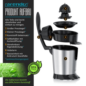 Arendo Saftpresse electrica 800W Negru-Argintiu BPA-free - Img 4