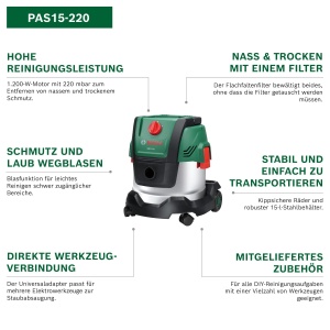Aspirator Bosch PAS15-220, 1200W, cu adaptor universal si filtru pentru umeduscat - Img 2
