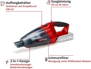 Aspirator de mana fara fir Einhell TE-VC 18 Li-Solo Power X-Change (18 V, putere de aspiratie 42 mbar, colector de praf 540 ml, incl. 3 duze, extensie, suport de perete, fara baterie si incarcator) - Img 3
