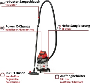 Aspirator fara fir Einhell TC-VC 18/20 Li S-Solo Power X-Change (Li-Ion, 18V, recipient din otel inoxidabil 20 l, racord prin suflare, incl. duze + filtru, fara baterie si incarcator), Negru/Rosu - Img 3