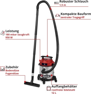 Aspirator multifunctional Einhell TC-VC 1240 S, 950 W, 12 L, inox - Img 2