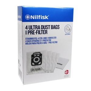Aspirator Nilfisk 107407940-4 cu 4 saci si 1 prefiltru, Alb