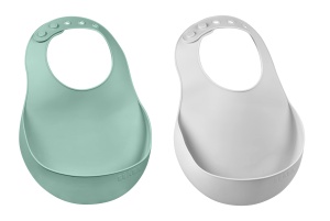 Baveta bebelus din silicon Beaba, impermeabila, salbeigreen, 2 bucati
