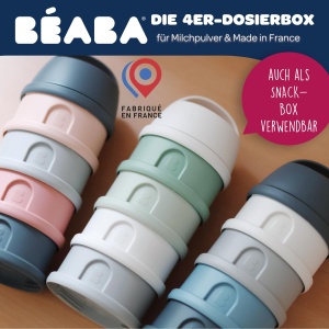 BEABA, cutii de dozare lapte praf stivuibile, 100% etanse, 4 compartimente, capacitate mare, pot fi folosite si ca cutii de gustari, bumbac alb/verde salvie - Img 2