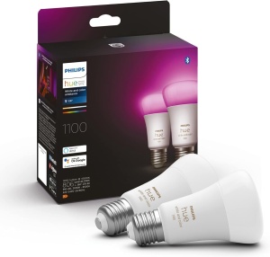 Becuri LED Philips Hue White & Color Ambiance E27 (1100lm), CASTIGATOR TEST Stiftung Warentest (01/2024), becuri LED reglabile cu 16 milioane de culori, control inteligent al iluminatului prin voce si aplicatie, pachet de 2 - Img 1