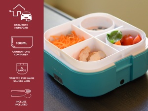BEPER FOODY Cutie de pranz electrica pentru masina, camion, birou, scoala cu priza dubla (masina/perete) - cutie de pranz termica cu 4 compartimente interioare separabile + tacamuri incluse, albastru - Img 3