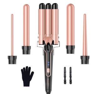 BESTOPE PRO Ondulator Ondulator 3 butoaie Wave Iron 5 in 1 - Set ondulator 3 butoaie pentru valuri mari, reglare temperatura, incalzire rapida si o manusa, 2 cleme, aur roz - Img 1