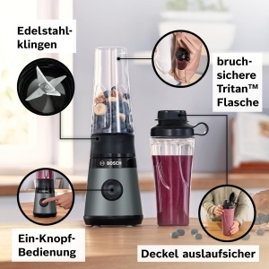Blender Bosch VitaPower Seria 2 MMB2111S 450W 40000 RPM Sticla ToGo Lame Inox - Img 3