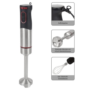 Blender de mana ProfiCook | Set 2 in 1 | Tel din otel inoxidabil | Ideal pentru smoothie-uri/cocktailuri/terci pentru bebelusi/smantana | cu multe accesorii | linistit | 1000 wati | Otel inoxidabil | PC-SMS 1226 - Img 5