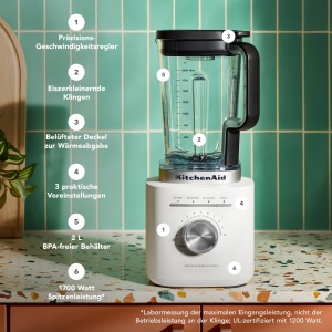 Blender KitchenAid Pure Power, 2L, 10 viteze, inox, alb - Img 2