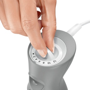 Blenderul de mana Bosch ErgoMixx MSM66020, baza blenderului, ceasca de amestecare si masurare, cutit cu 4 lame, design ergonomic, 12 niveluri plus turbo, 600 W, alb/gri - Img 3