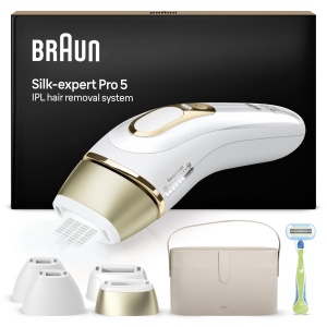 Braun IPL Silk*expert Pro 5, epilare pentru casa, alternativa la epilarea cu laser, cu geanta de depozitare, aparat de ras Venus, 4 atasamente, alb si auriu, PL5342