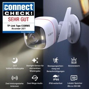 Camera de securitate Tapo TP-Link C320WS in exterior, Camera IP Wi-Fi, 4MP de inalta rezolutie, 30m Vedere nocturna color, Detectare miscare, IP66 rezistent la apa, Mesaj de alarma, Audio bidirectional, Alb, 1 bucata - Img 3