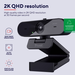 Camera web Trust Taxon 2K QHD realizata din 85% plastic reciclat, PC cu camera USB 2560x1440p cu husa, focalizare automata, unghi larg, 2 microfoane, camera video pentru conferinte, apeluri video, Skype, Teams, Zoom - Img 2