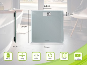 Cantar digital compact Soehnle Style Sense pentru 300 de persoane cu banda de rulare foarte mare, cantar cu afisaj LCD usor de citit, cantar de baie cu design extraplat, cantar de caroserie din sticla securizata - Img 8