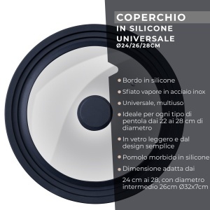 Capac Universala din Sticla Fackelmann 242628 cm, Cu Margina de Silicon Negru - Img 3