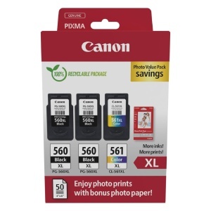Cartuse imprimanta Canon PG-560XLCL-561XL, set 3 bucati, cu fotopapier 50 coli, compatibil PIXMA TS