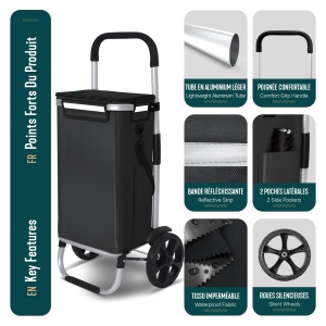 Carucior de cumparaturi VOUNOT cu 58L, roti mari, aluminiu, negru - Img 4