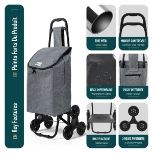 Carucior de cumparaturi VOUNOT cu 6 roti, capacitate 32L, gri - Img 4