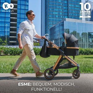 Carucior Kinderkraft ESME 3 in 1 set complet de pana la 26 kg, Sisteme de calatorie pentru carucior combinate cu scaun auto pentru bebelusi I-size 40-75 cm, Pliabil, Pozitie culcat, Gri - Img 2