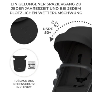 Carucior Kinderkraft NEW 3 in 1, Set complet pana la 22 kg, Scaun auto pentru copii I-Size 40-75 cm in set, Carucior combinat cu sac pentru picioare, Baldachin impermeabil cu UPF50+, pliabil, pozitie culcat, negru - Img 8