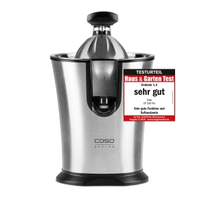 Caso Juicer CP 330 Pro, rezultatul testului: foarte bun, storcator electric de citrice cu con universal din otel inoxidabil, 160 wati, fara BPA, piese individuale poate fi spalat in masina de spalat vase
