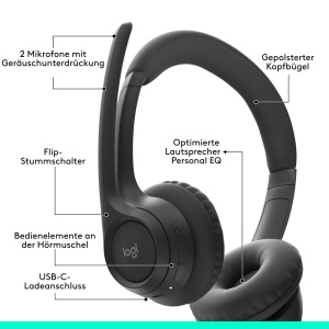 Casti Bluetooth fara fir Logitech Zone 300 cu microfon incl. anulare a zgomotului, compatibile cu Windows, Mac, Chrome, Linux, iOS, iPadOS, Android - Negru - Img 6