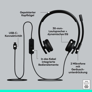Casti Logitech H570e USB-C cu Microfon Stereo Noise Cancelling Certificat Microsoft Teams Negru - Img 7