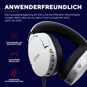 Casti pentru jocuri Trust Gaming GXT 491W Fayzo Bluetooth + 2.4GHz, sunet surround 7.1, durata de viata a bateriei 22H, 35% plastic reciclat RGB Casti over-ear PC Bluetooth fara fir PS5 PS4 Switch, alb - Img 9