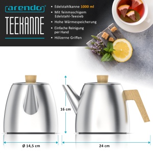 Ceainic Arendo 1000 ml inox cu perete dublu manere din lemn filtru pentru ceai vrac argintiu - Img 2
