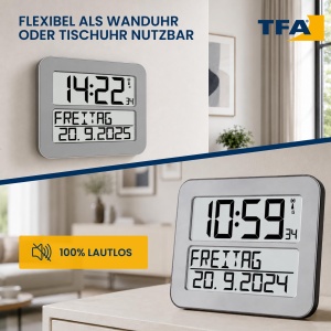 Ceas de perete digital TFA Dostmann Timeline Max, cu alarma, argintiu - Img 6