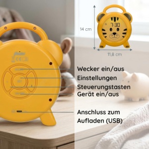 Ceas desteptator pentru copii Alecto BC100TIGER, galben, cu noapte luminoasa si USB reincarcabil - Img 7
