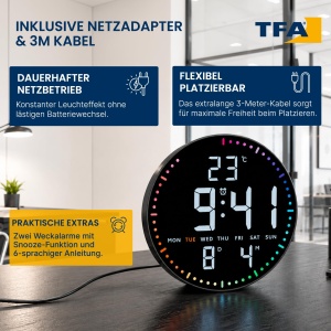 Ceas digital de perete TFA Dostmann, 25,5 cm, cu temperatura si alarma - Img 6