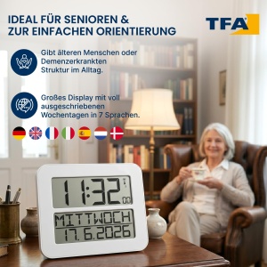 Ceas digital TFA Dostmann Timeline Max, alb, cu functie de alarma si afisaj mare - Img 2