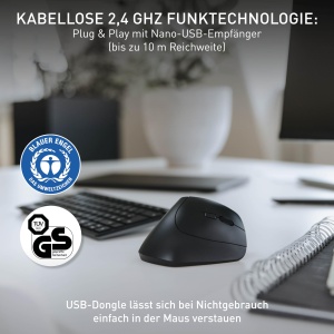 CHERRY MW 4500, mouse vertical ergonomic pentru dreptaci, wireless (wireless de 2,4 GHz), rezolutie reglabila in 3 trepte de pana la 1200 dpi, alimentat cu baterie, negru - Img 7