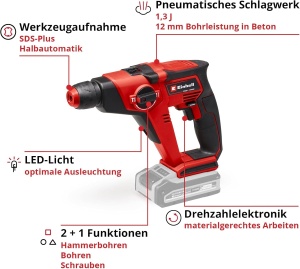 Ciocan rotopercutor cu acumulator Einhell TE-HD 18/12 Li-Solo Power X-Change (litiu-ion, 18 V, 1,3 J, capacitate de gaurire in beton 12 mm, montura SDS-plus, lumina LED, fara baterie si incarcator) - Img 3
