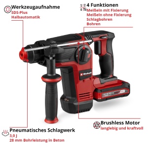 Ciocan rotopercutor Einhell TP-HD 1828 Li BL 4 18V 3 J motor brushless SDS-Plus cu accesorii si acumulator 30 Ah - Img 3