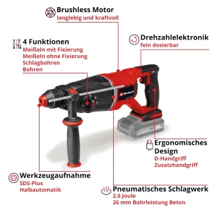 Ciocan rotopercutor profesional cu acumulator Einhell TP-HD 1826 D Li BL-Solo Power X-Change 18 V fara perii 26 J SDS-plus capacitate de gaurire de 26 - Img 3